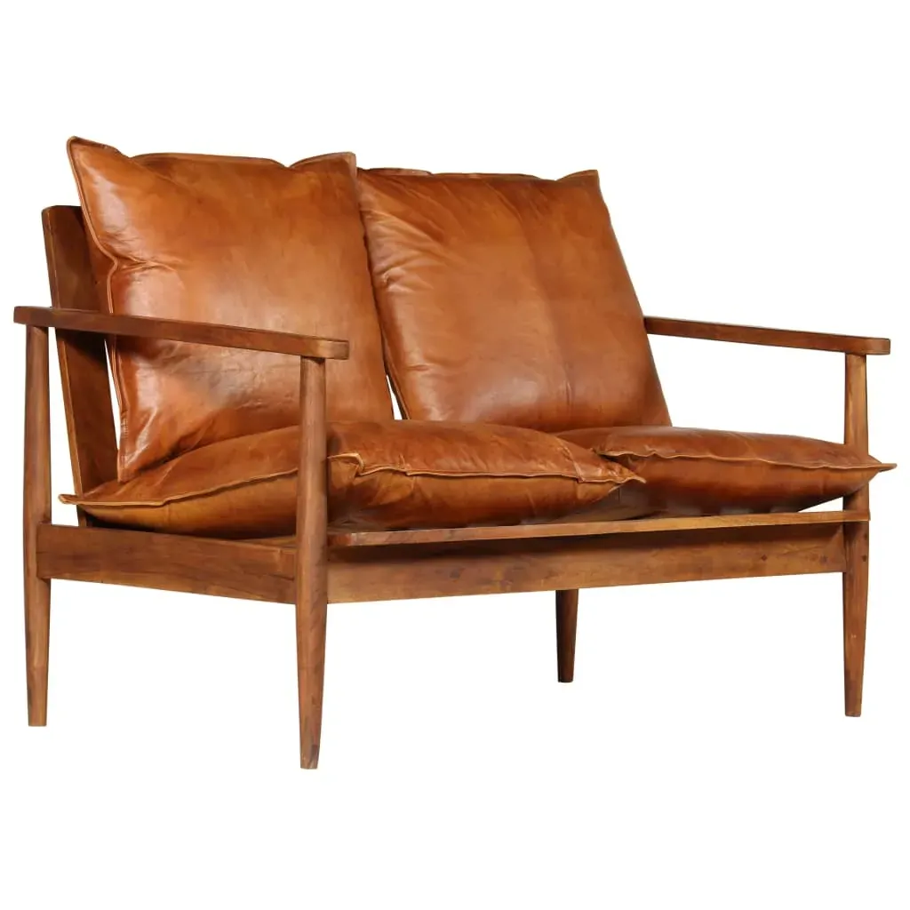 2-Seater Sofa Real Leather with Acacia Wood Brown Price
