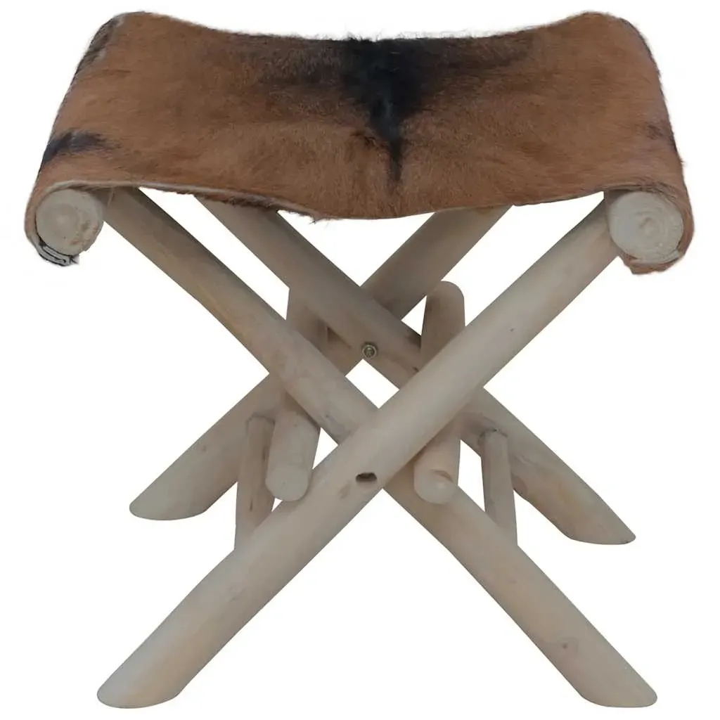 Folding Stool Goatskin Leather and Solid Teak Wood Price