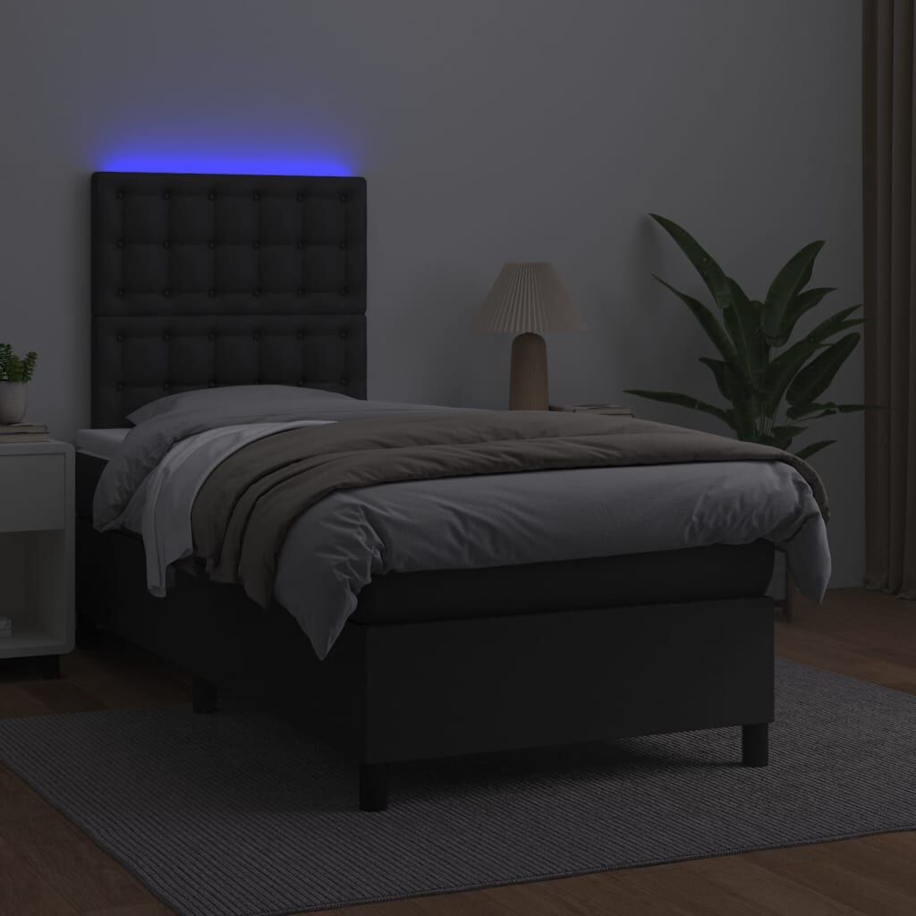 Box Spring Bed with Mattress&LED Black 106x203 cm King Single Size Faux Leather Price