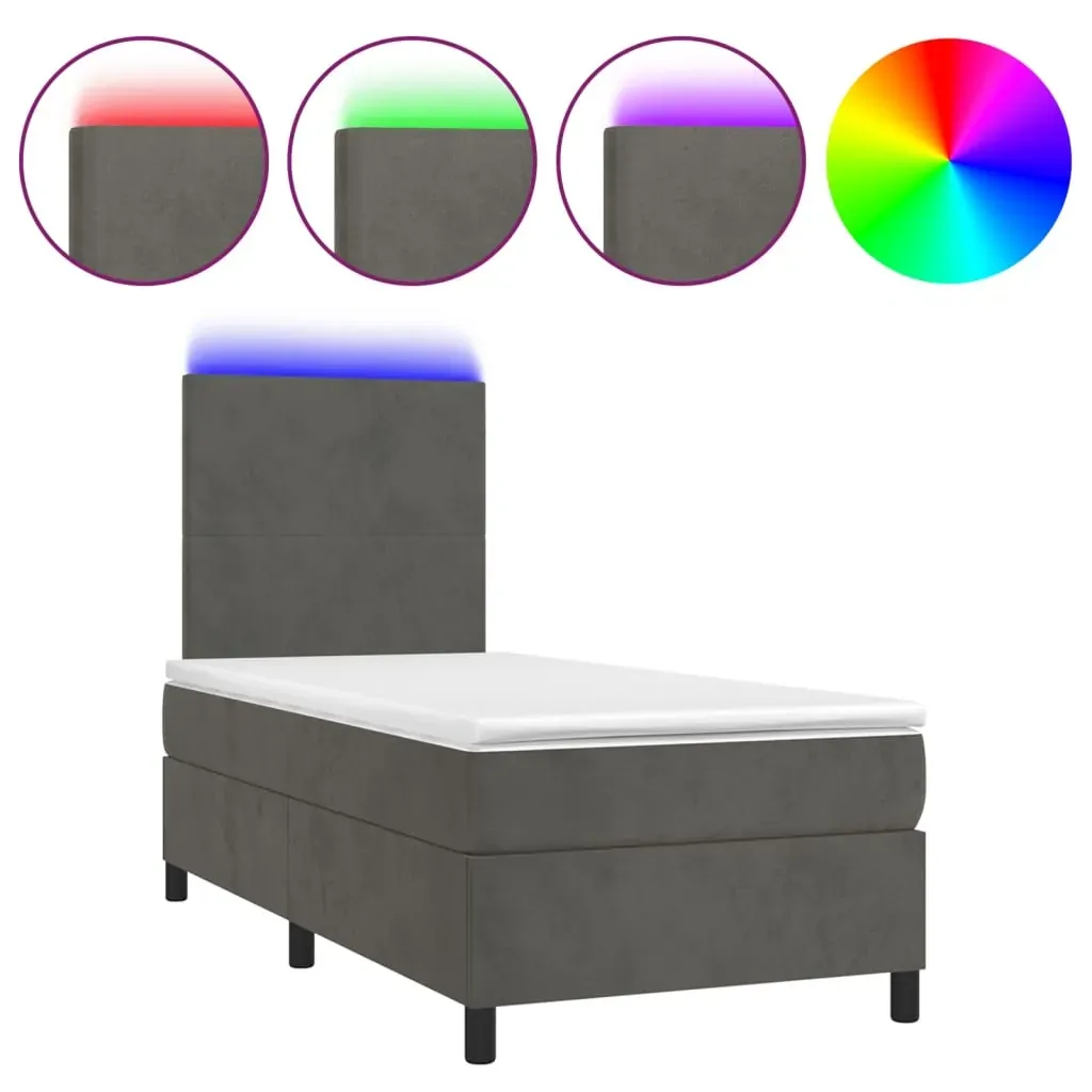 Box Spring Bed with Mattress&LED Dark Grey 106x203 cm King Single Size Velvet Price