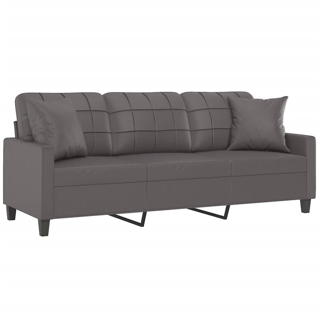 3-Seater Sofa with Throw Pillows Grey 180 cm Faux Leather Price