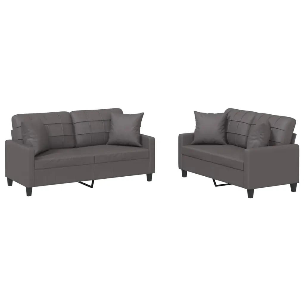 2 Piece Sofa Set with Pillows Grey Faux Leather Price