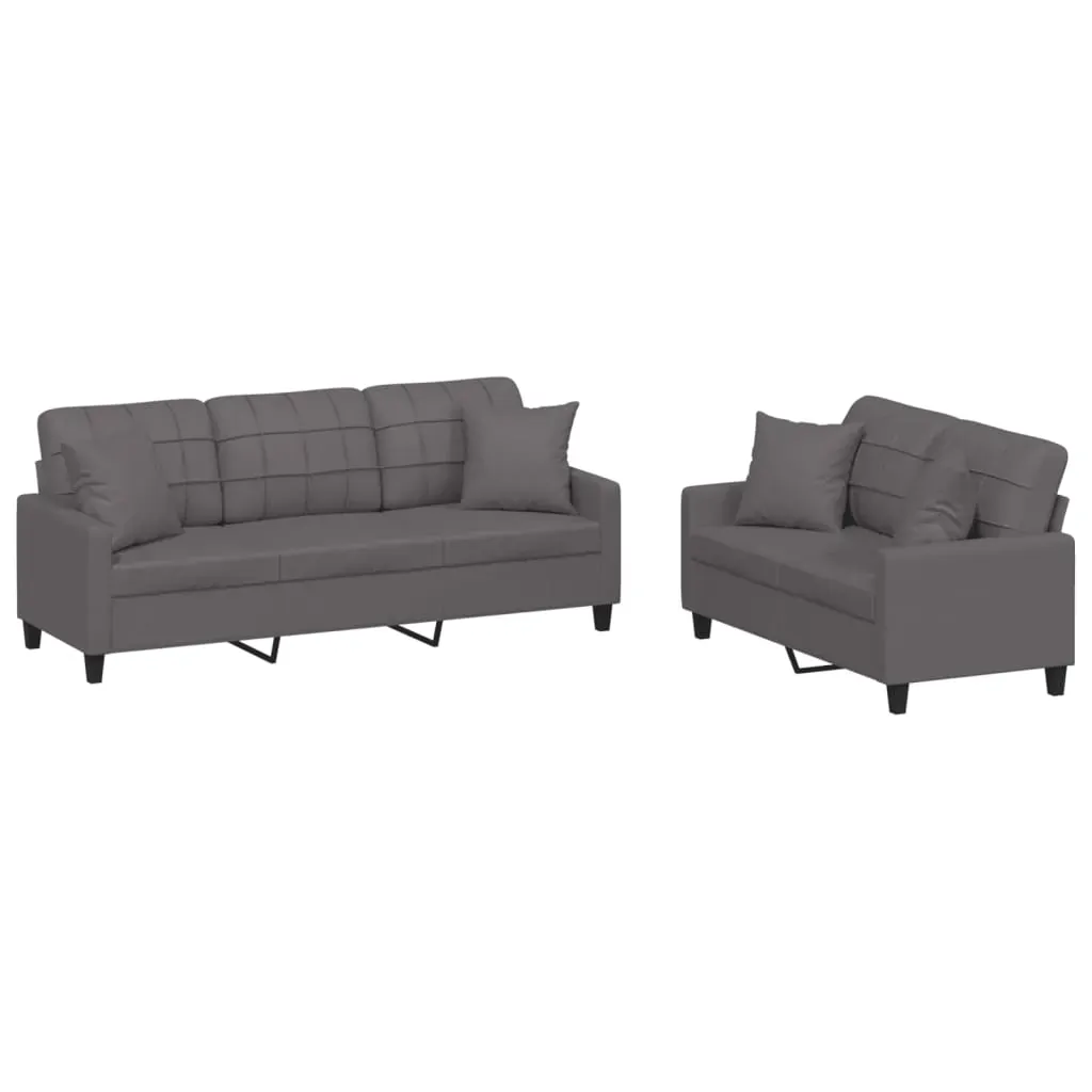 2 Piece Sofa Set with Pillows Grey Faux Leather Price