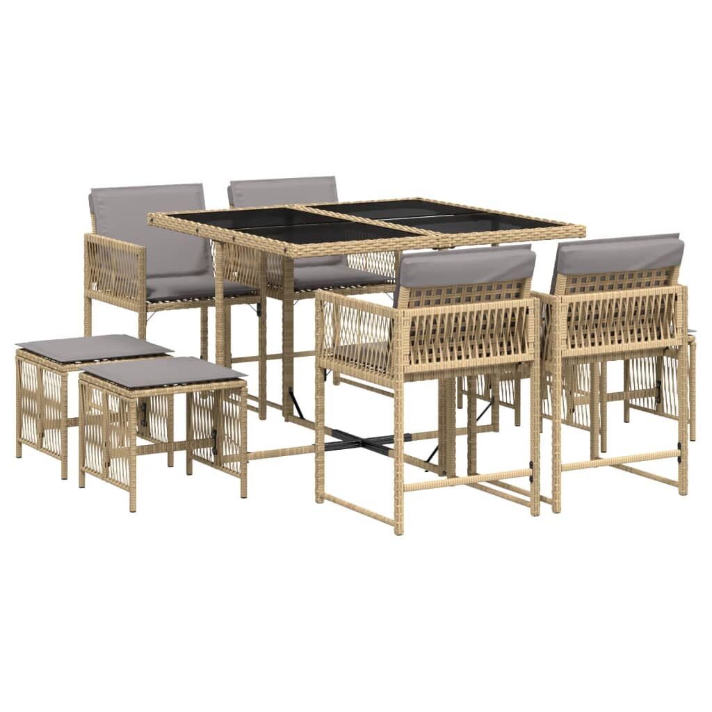 9 Piece Garden Dining Set with Cushions Mix Beige Poly Rattan Price