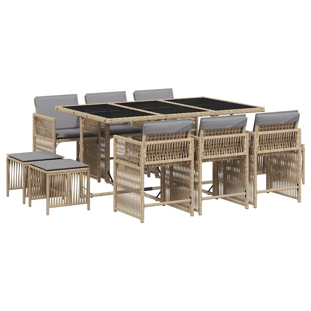 11 Piece Garden Dining Set with Cushions Mix Beige Poly Rattan Price