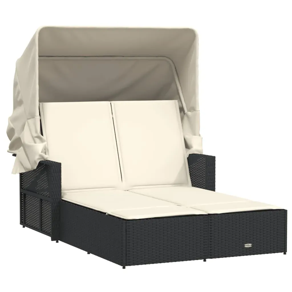 Double Sun Lounger with Canopy and Cushions Black Poly Rattan Price