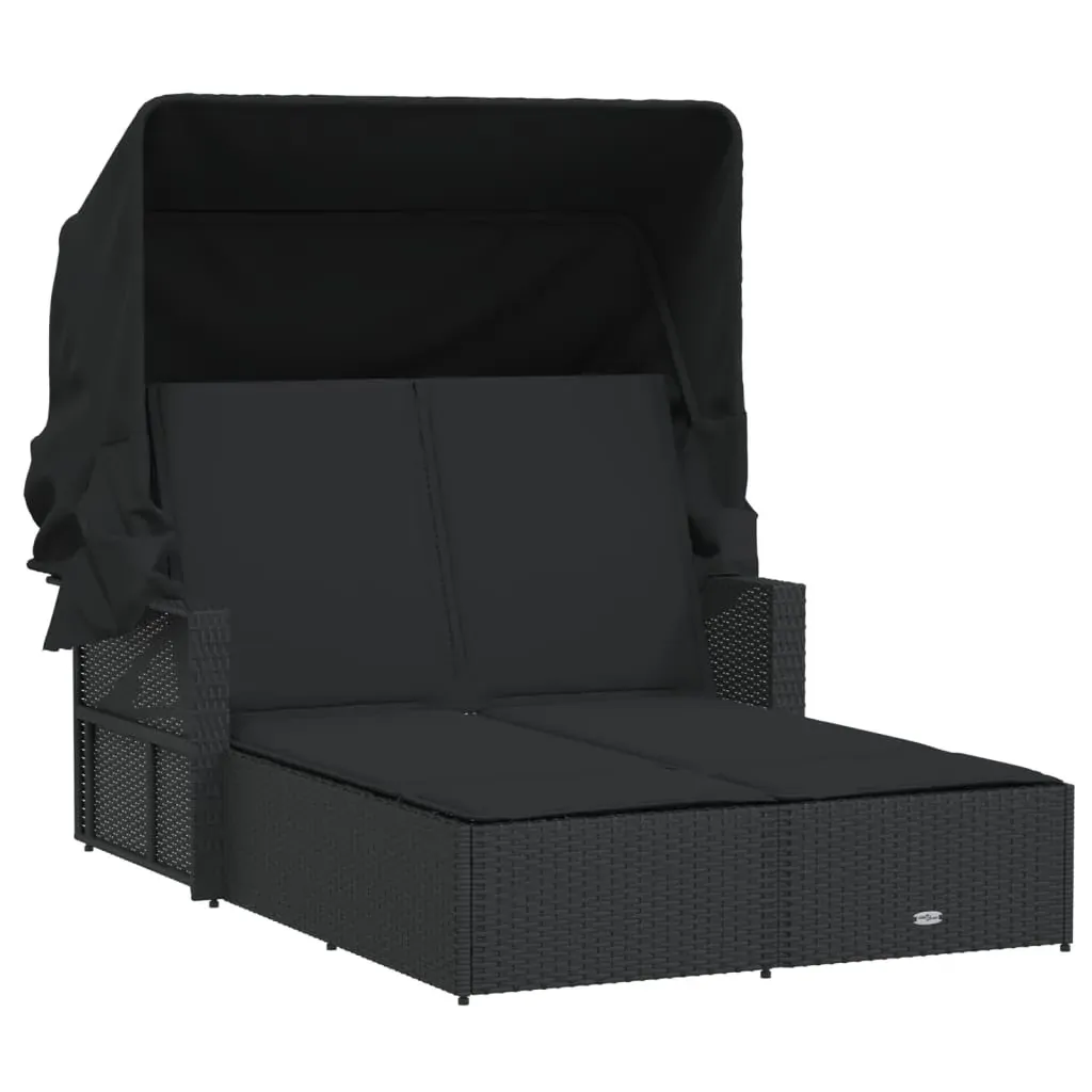 Double Sun Lounger with Canopy and Cushions Black Poly Rattan Price