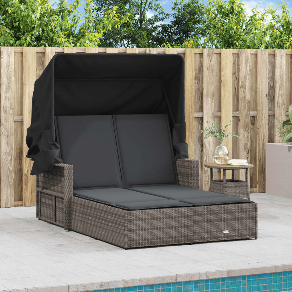 Double Sun Lounger with Canopy and Cushions Grey Poly Rattan Price