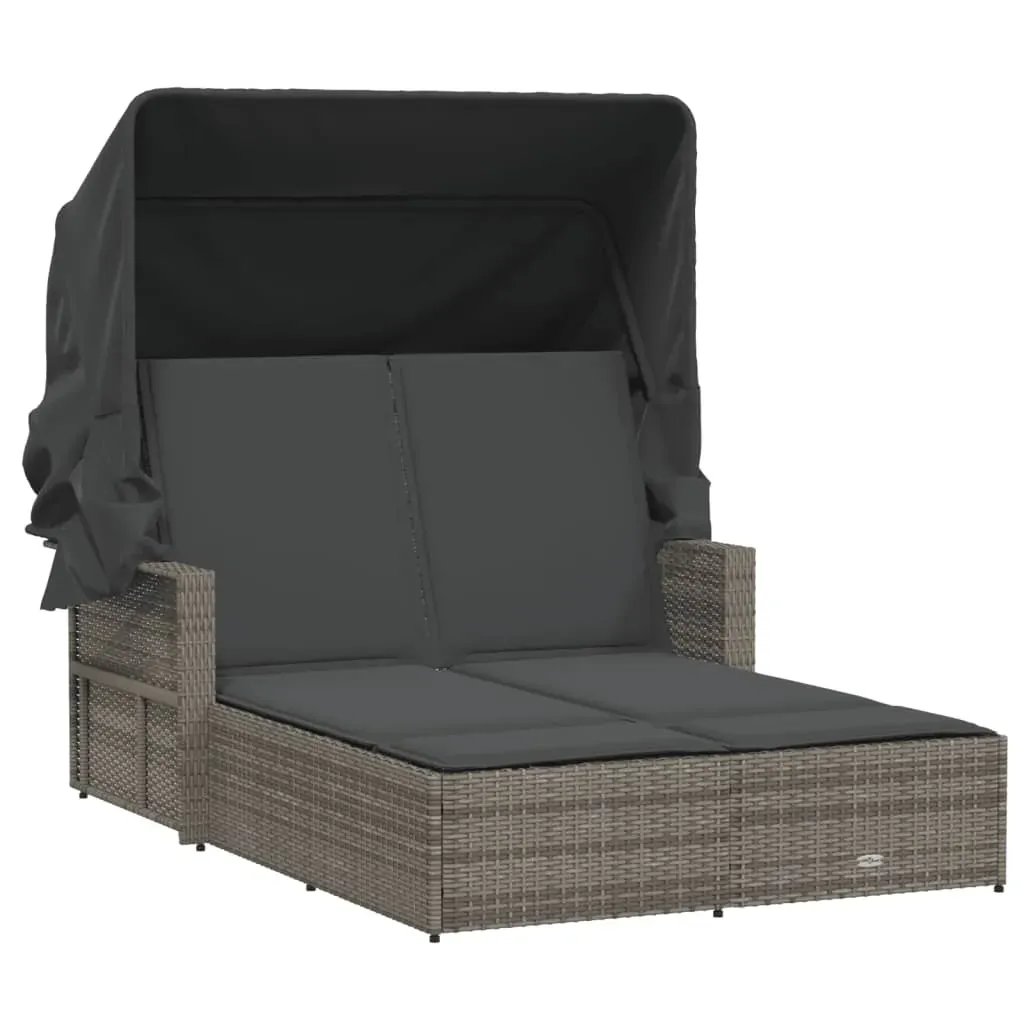 Double Sun Lounger with Canopy and Cushions Grey Poly Rattan Price