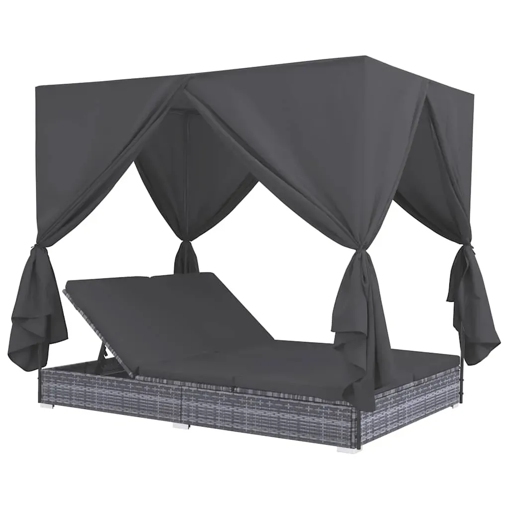 Outdoor Lounge Bed with Curtains Poly Rattan Grey Price