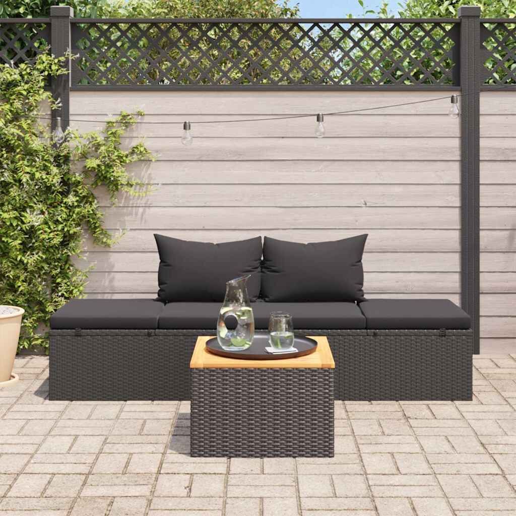 Sun Bed with Cushions Poly Rattan Black Price