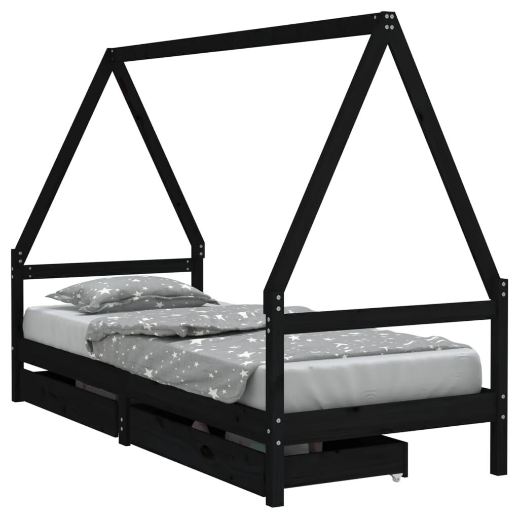 Kids Bed Frame with Drawers Black 90x190 cm Solid Wood Pine Price