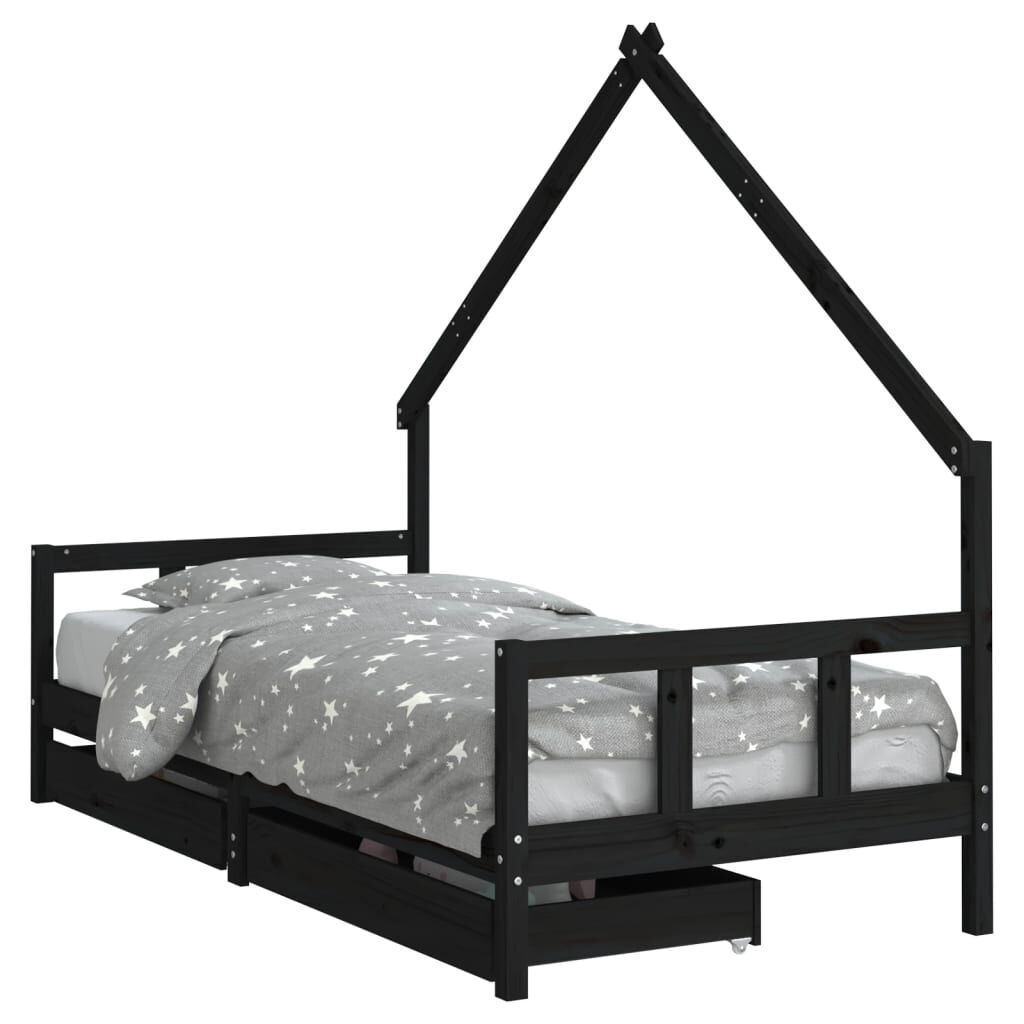 Kids Bed Frame with Drawers Black 90x190 cm Solid Wood Pine Price