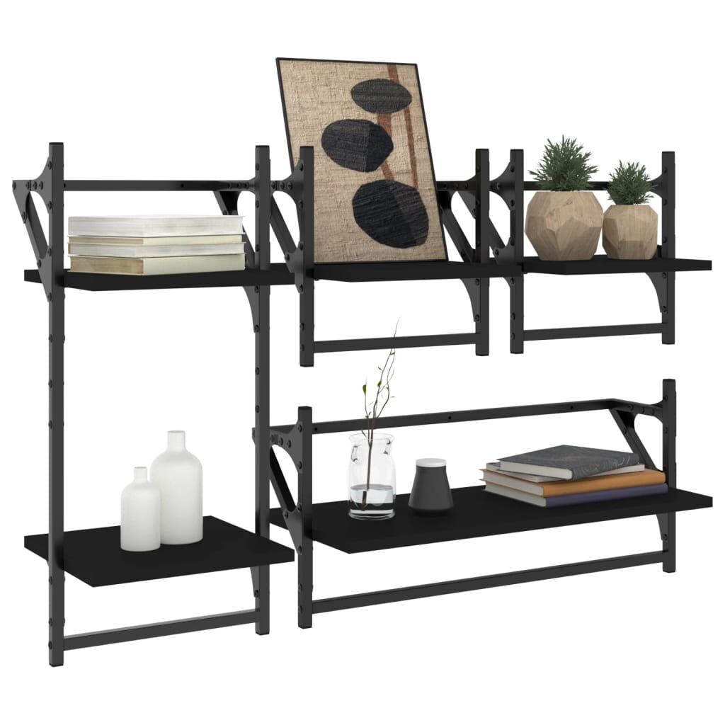 4 Piece Wall Shelf Set with Bars Black Engineered Wood Price