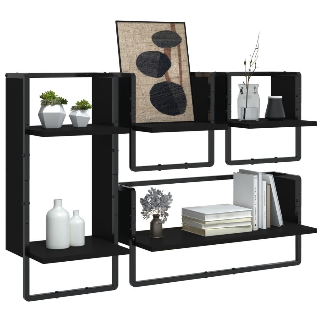 4 Piece Wall Shelf Set with Bars Black Engineered Wood Price