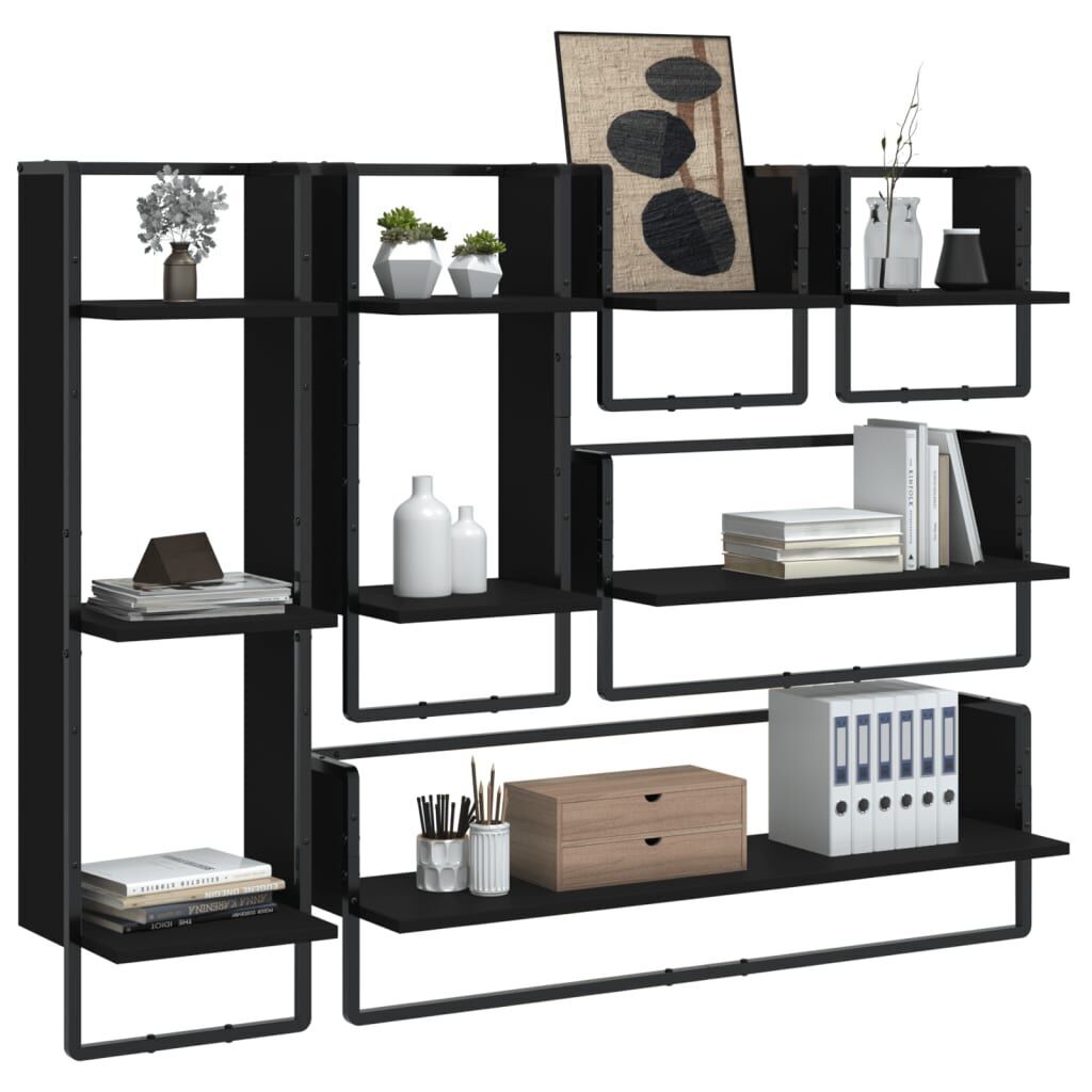 6 Piece Wall Shelf Set with Bars Black Engineered Wood Price