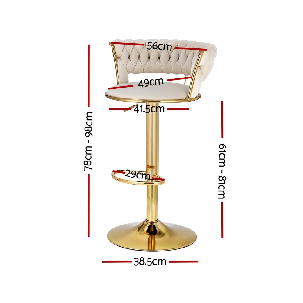 2x Bar Stools Gas Lift Velvet Woven Backrest Ivory Price