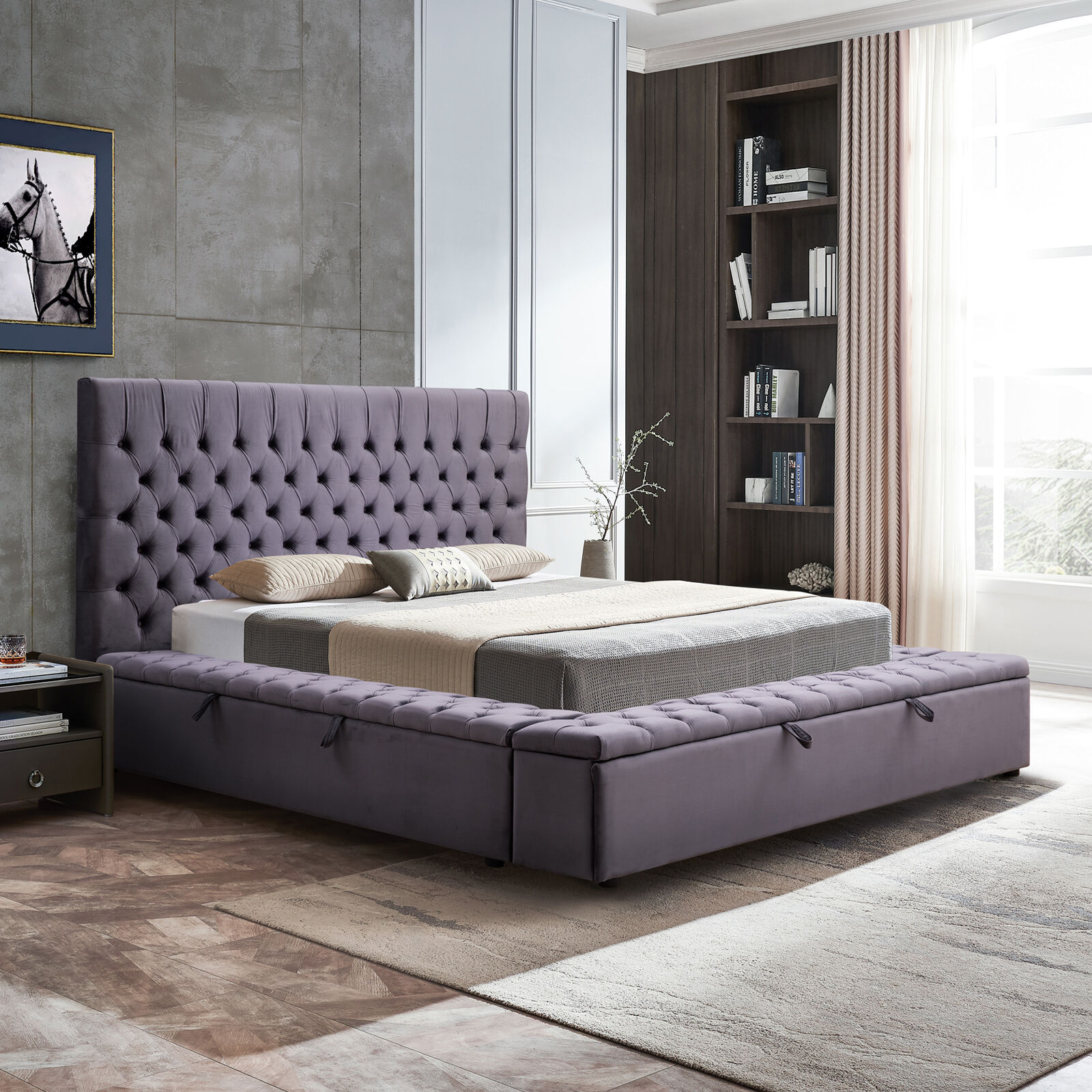 King Size Bedframe Velvet Upholstery Dark Grey Colour Tufted Headboard Deep Quilting Price