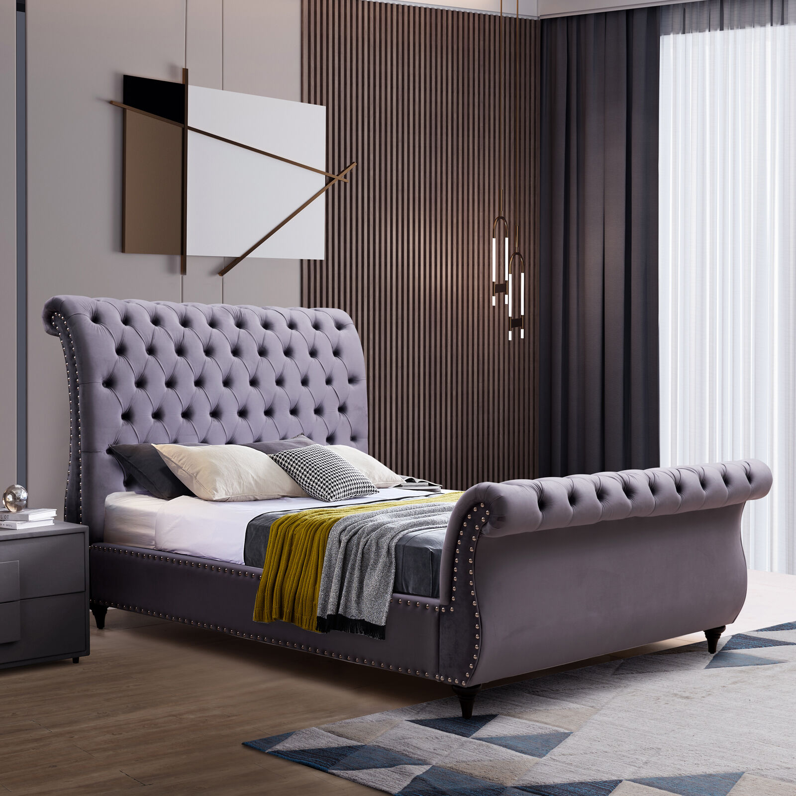 Elsa Bedframe Queen Size Velvet Fabric Medium Grey Colour Price
