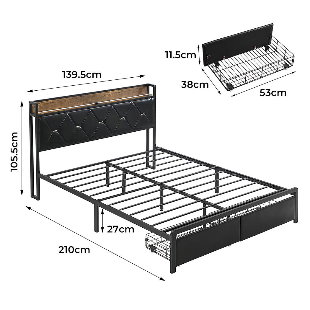 levede double metal bed frame led lights 2 drawers Price