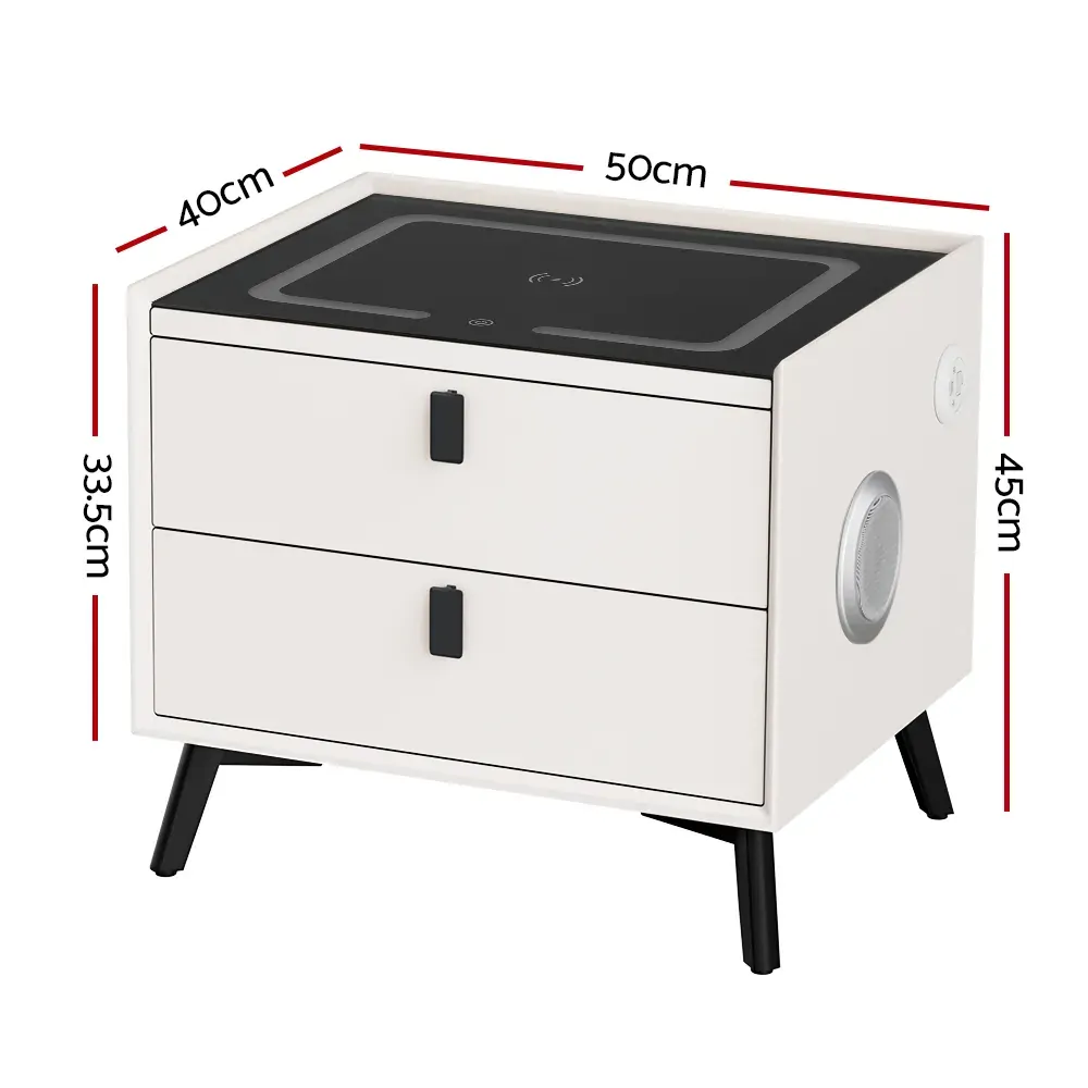 Smart Bedside Table 2 Drawers with Wireless Charging Ports LED White AIKA Price