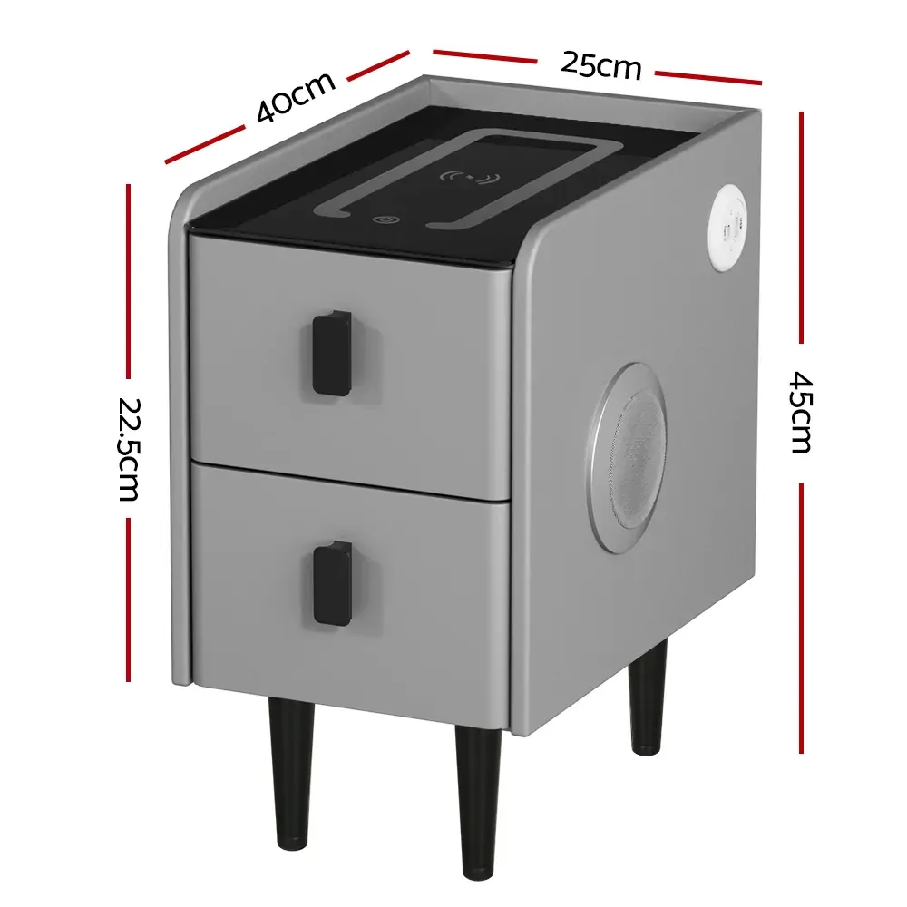 Smart Bedside Table 2 Drawers with Wireless Charging Ports LED Grey AIDA Price