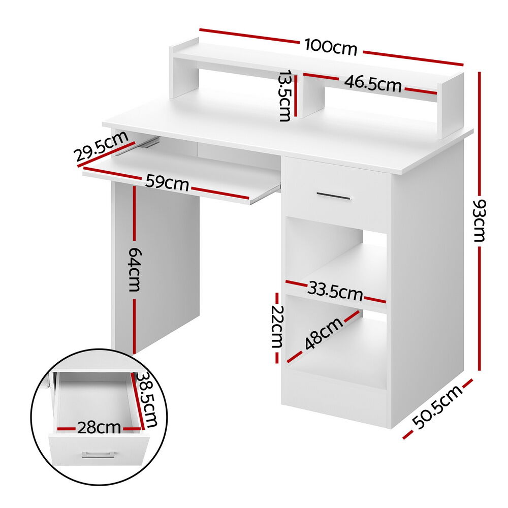 Computer Desk Shelf Drawer Cabinet White 100CM Price