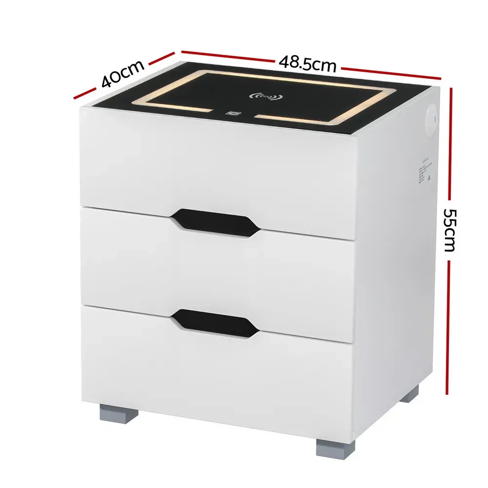 Smart Bedside Table 3 Drawers with Wireless Charging Ports LED White ADAD Price