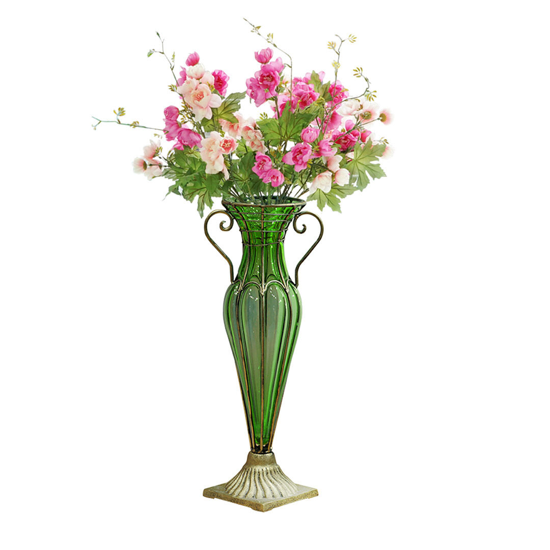 green colored european glass flower vase solid base with two gold metal handle Price