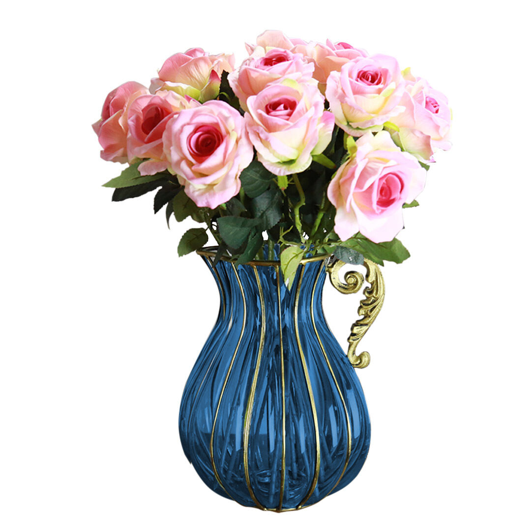 blue european colored glass home decor jar flower vase with metal handle Price