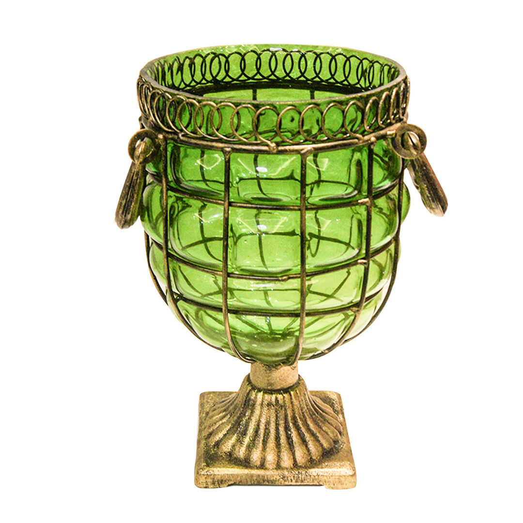 Green Colored European Glass Jar Flower Vase Solid Base with Metal Handle Price