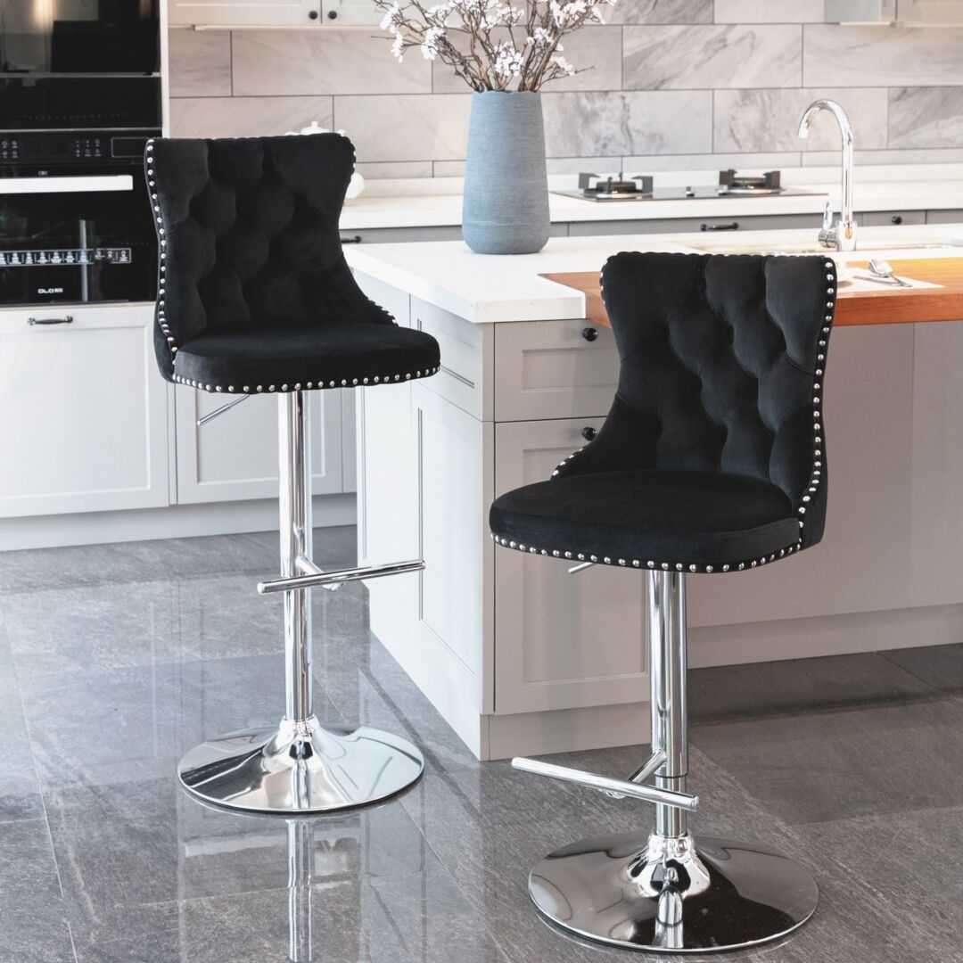 2x Height Adjustable Swivel Bar Stool Velvet Studs Barstool with Footrest and Chromed Base Price