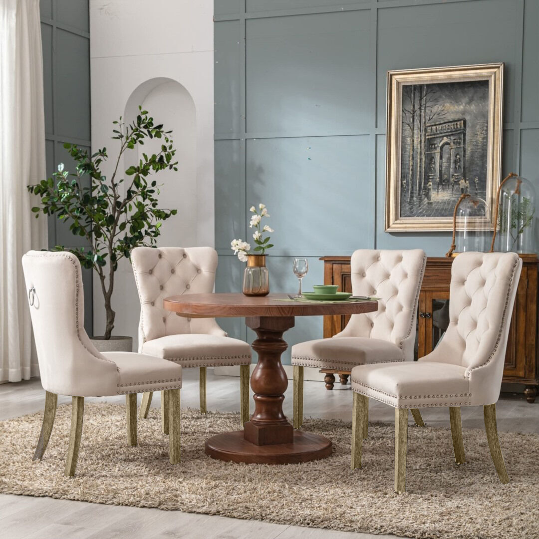 2x Velvet Dining Chairs Upholstered Tufted Kithcen Chair with Solid Wood Legs Stud Trim and Ring Price