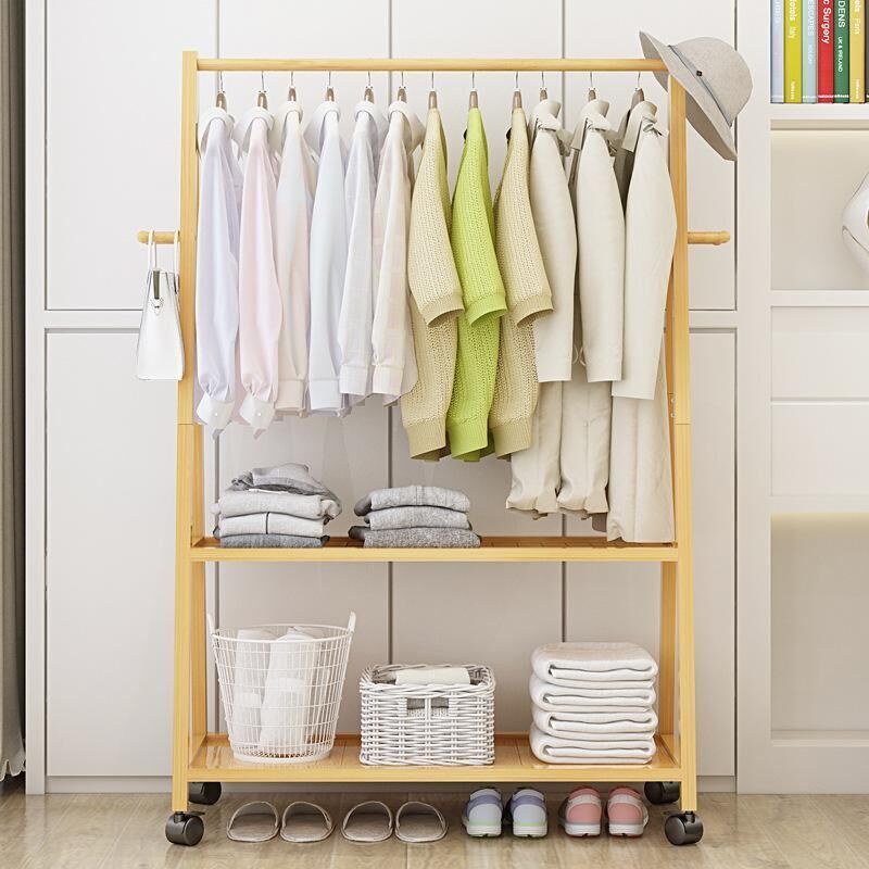 Rail Bamboo Clothes Rack Garment Hanging Stand Storage Shelves Closet Price