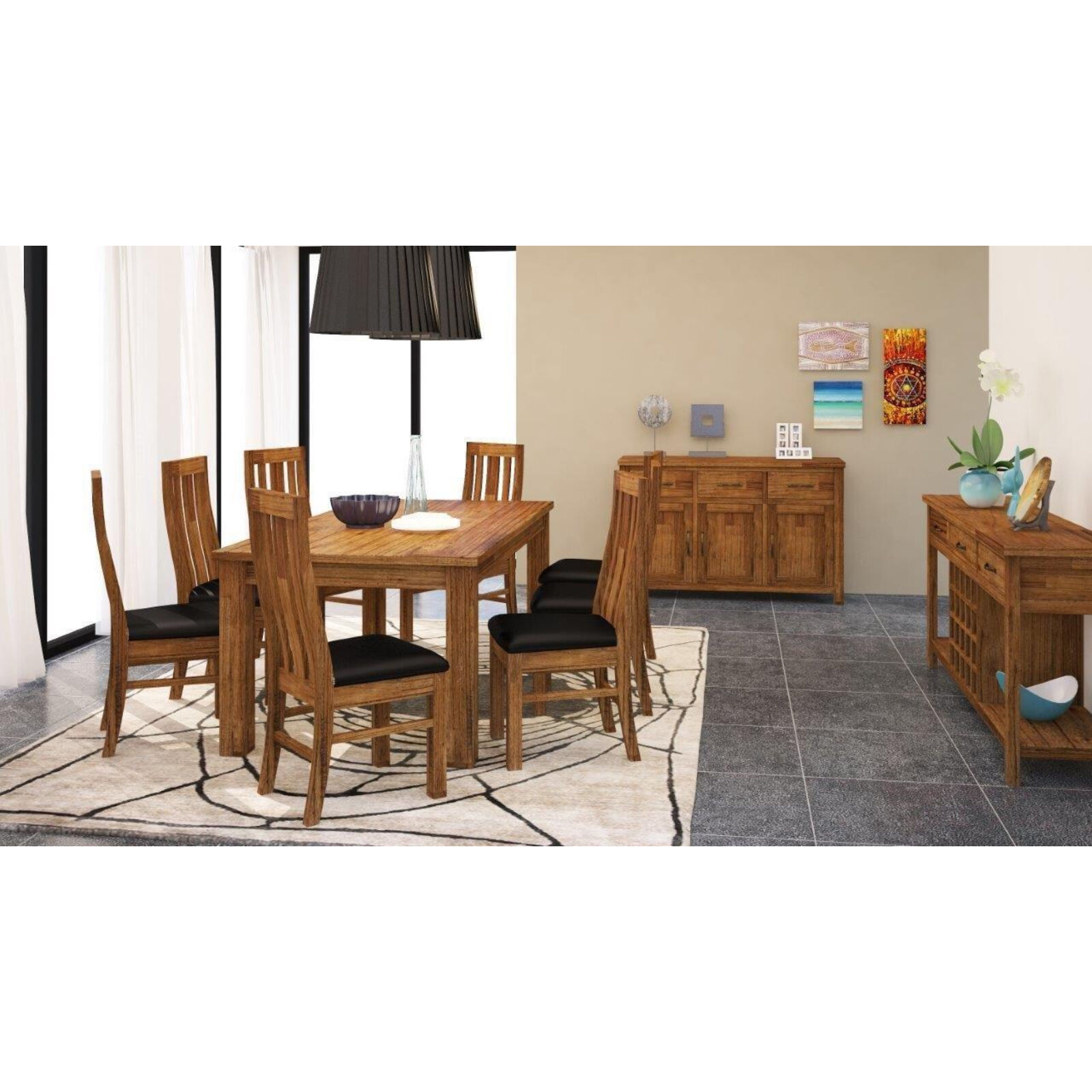 Birdsville Dining Set Table 6 PU Seat Chair Solid Mt Ash Wood - Brown Price