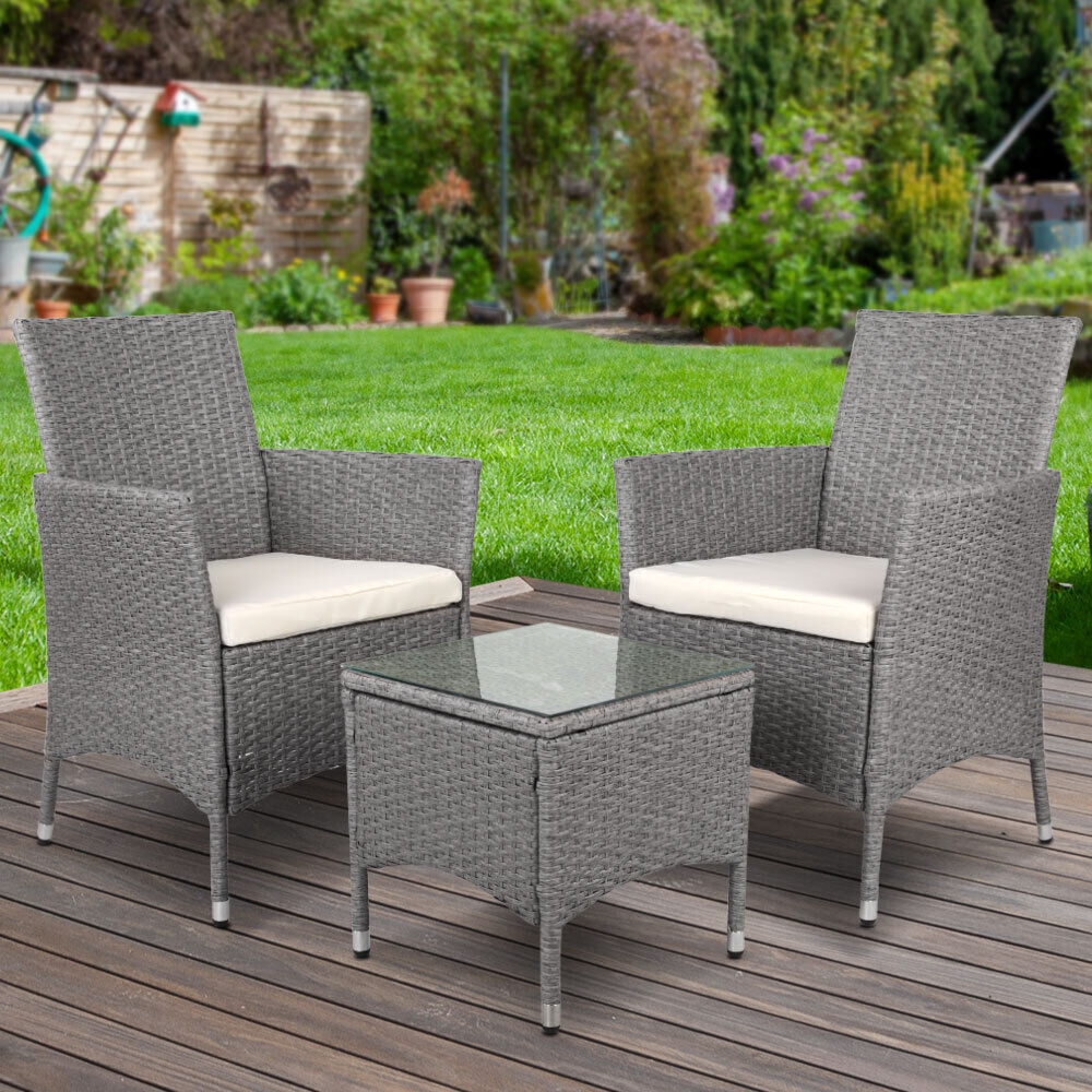 Gardeon 3PC Outdoor Bistro Set Patio Furniture Wicker Setting Chairs Table Cushion Black Price