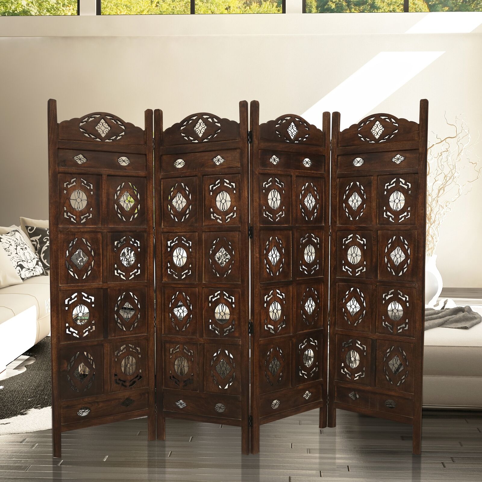 Spalding Iron Jali 4 Panel Room Divider Screen Privacy Shoji Timber Wood Stand Price