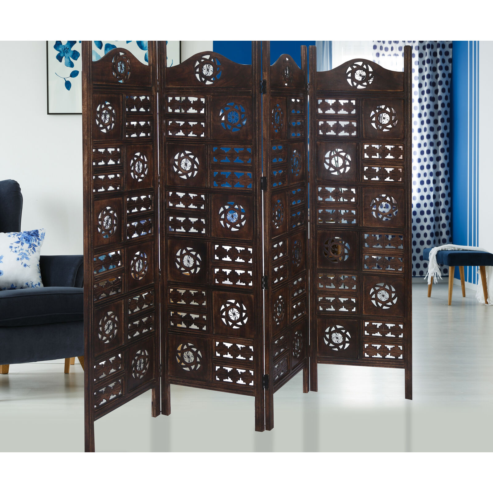 Victorville Circle Jali 4 Panel Room Divider Screen Privacy Shoji Timber Wood Stand Price