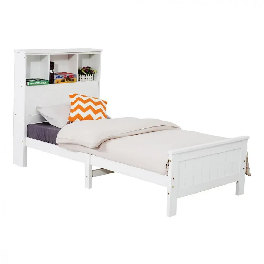 Weetulta Solid Pine Timber Bed Frame with Bookshelf Storage Headboard- White Price