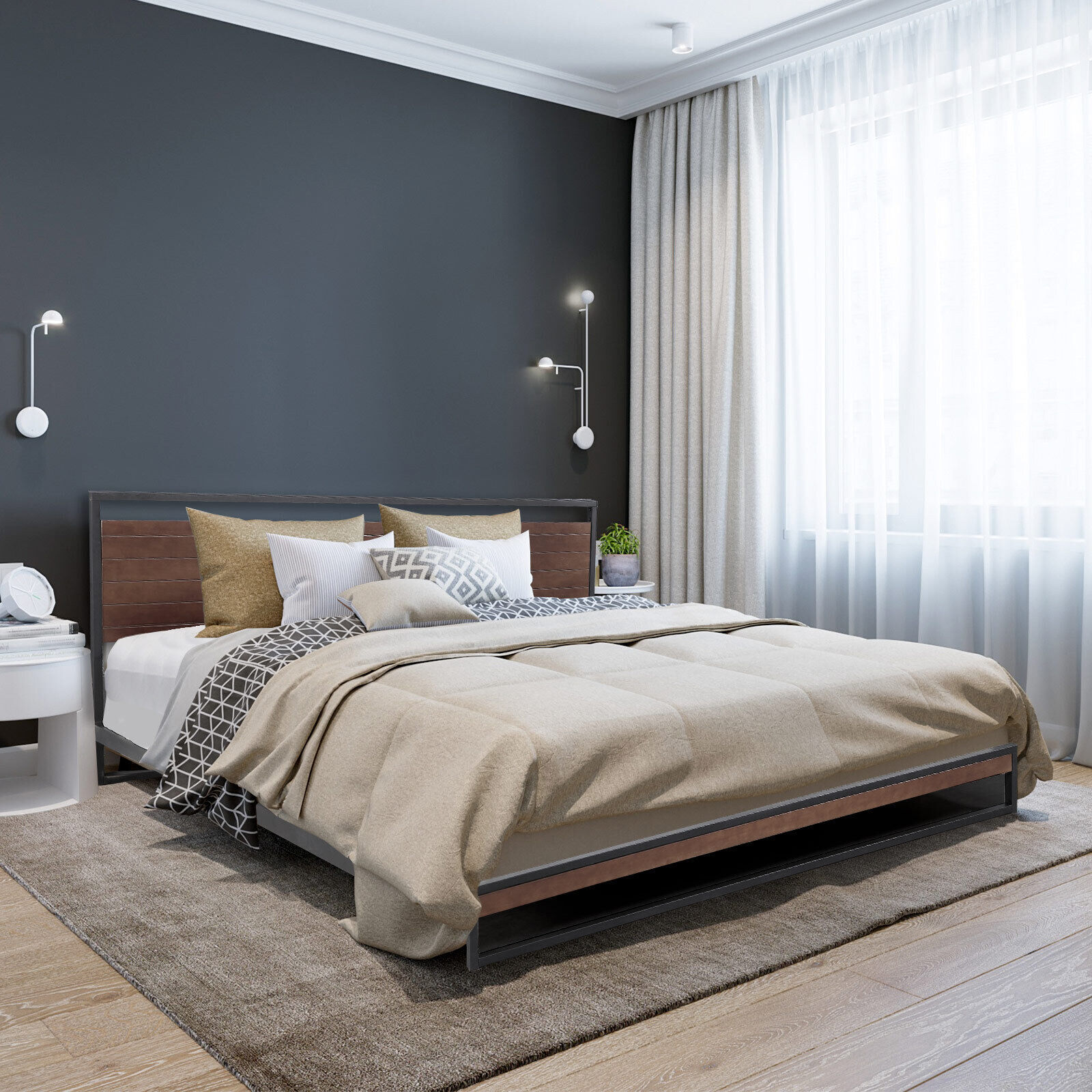 Milano Decor Azure Bed Frame With Headboard Black Wood Steel Platform Bed - Single - Black Price