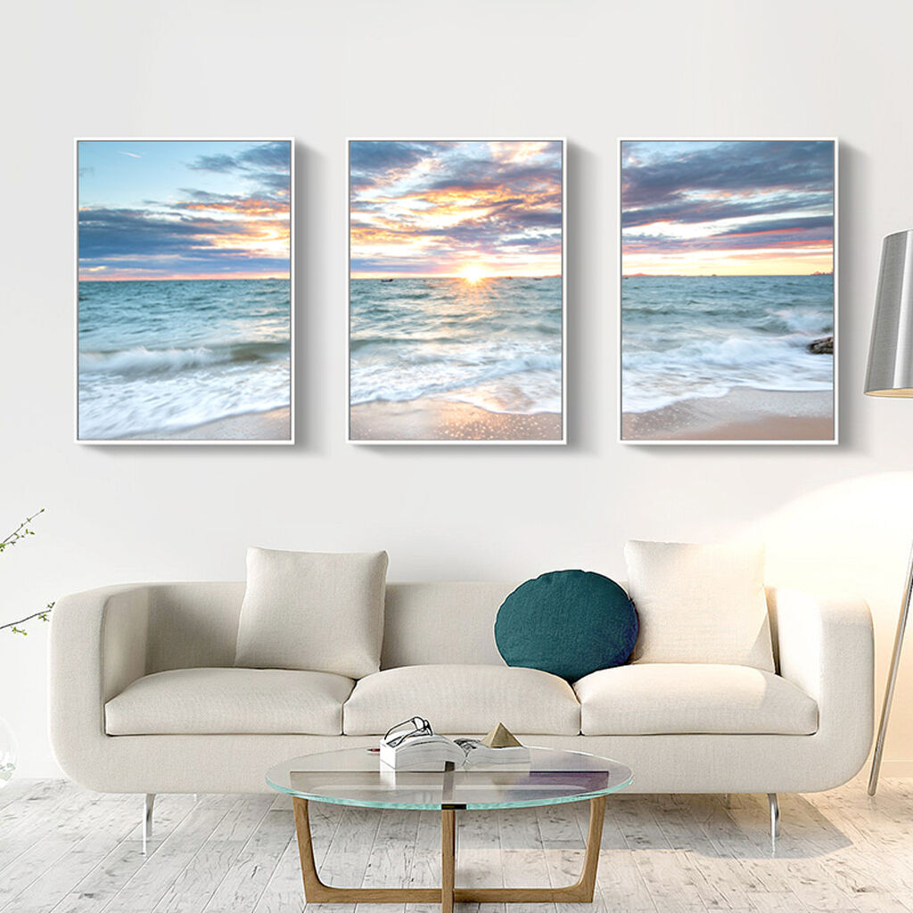 Sunrise by the ocean 3 Sets White Frame Canvas Wall Art Price