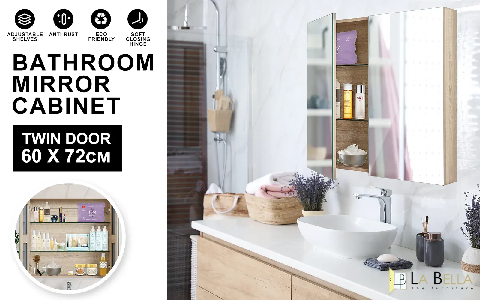 La Bella Bathroom Mirror Cabinet Wall Twin Door Shaving Storage Price