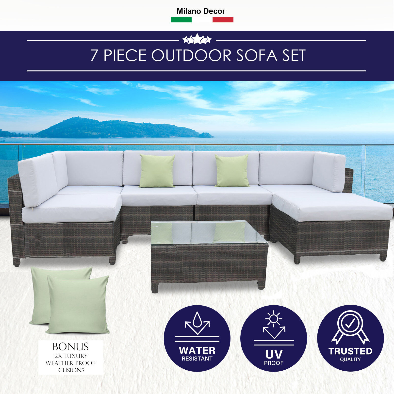 Milano Outdoor 7 Piece Rattan Sofa Set - Black Coating & Grey Seats Price