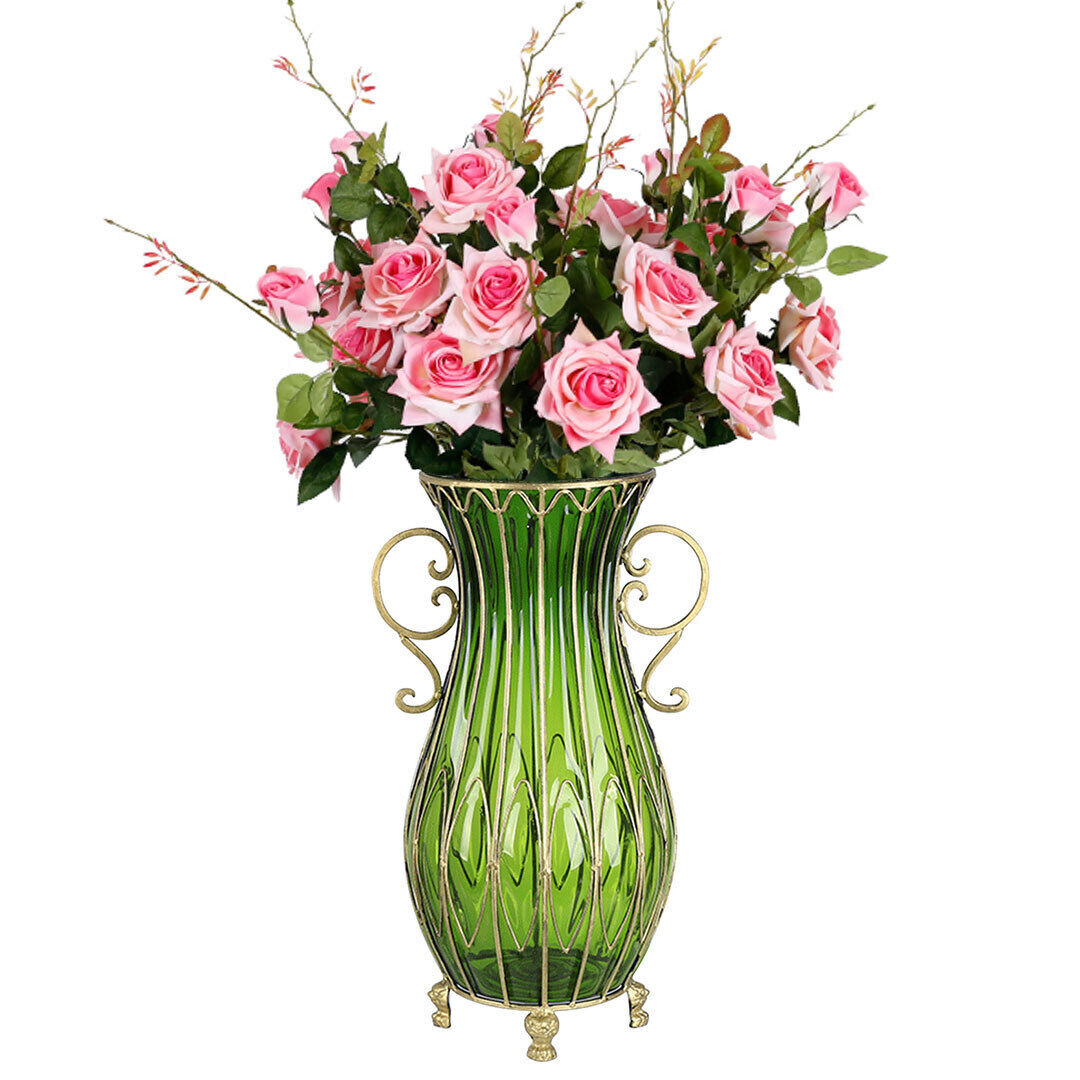 51cm Glass Tall Floor Vase with 12pcs Pink Artificial Fake Flower Set Price