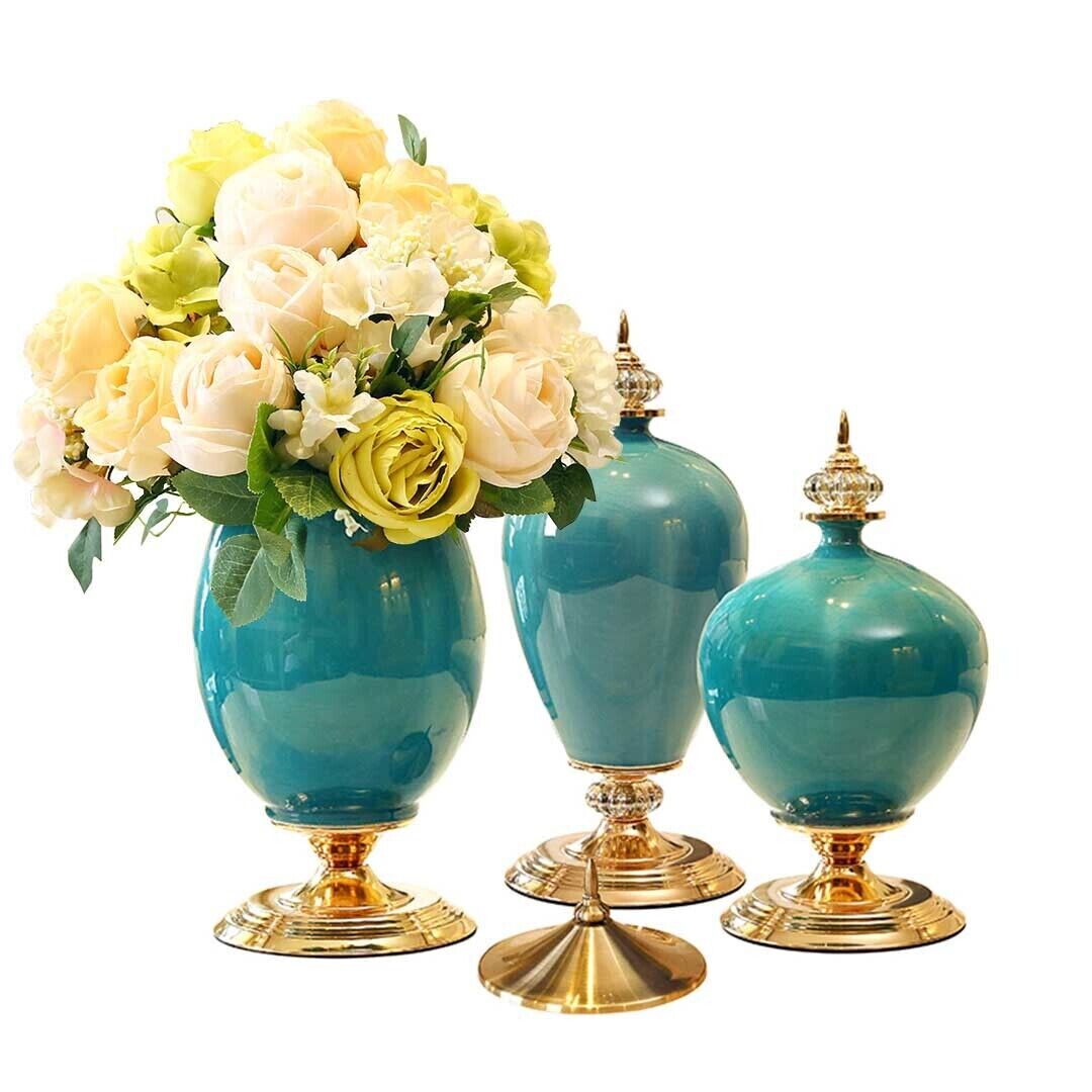 3x Ceramic Oval Flower Vase with Blue Flower Set Price