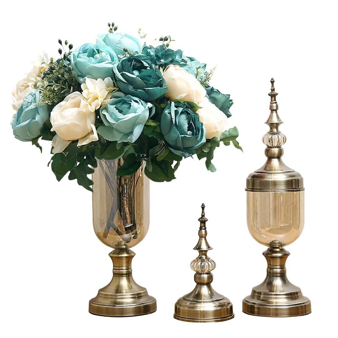 2 x Clear Glass Flower Vase with Lid and Blue Flower Filler Vase Set Price