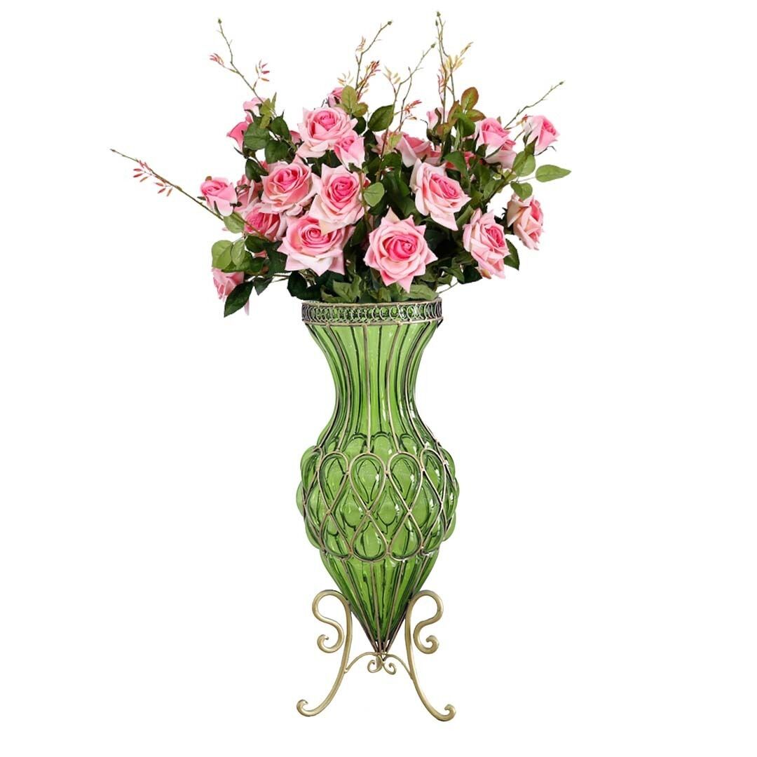 67cm Glass Tall Floor Vase and 12pcs Pink Artificial Fake Flower Set Price