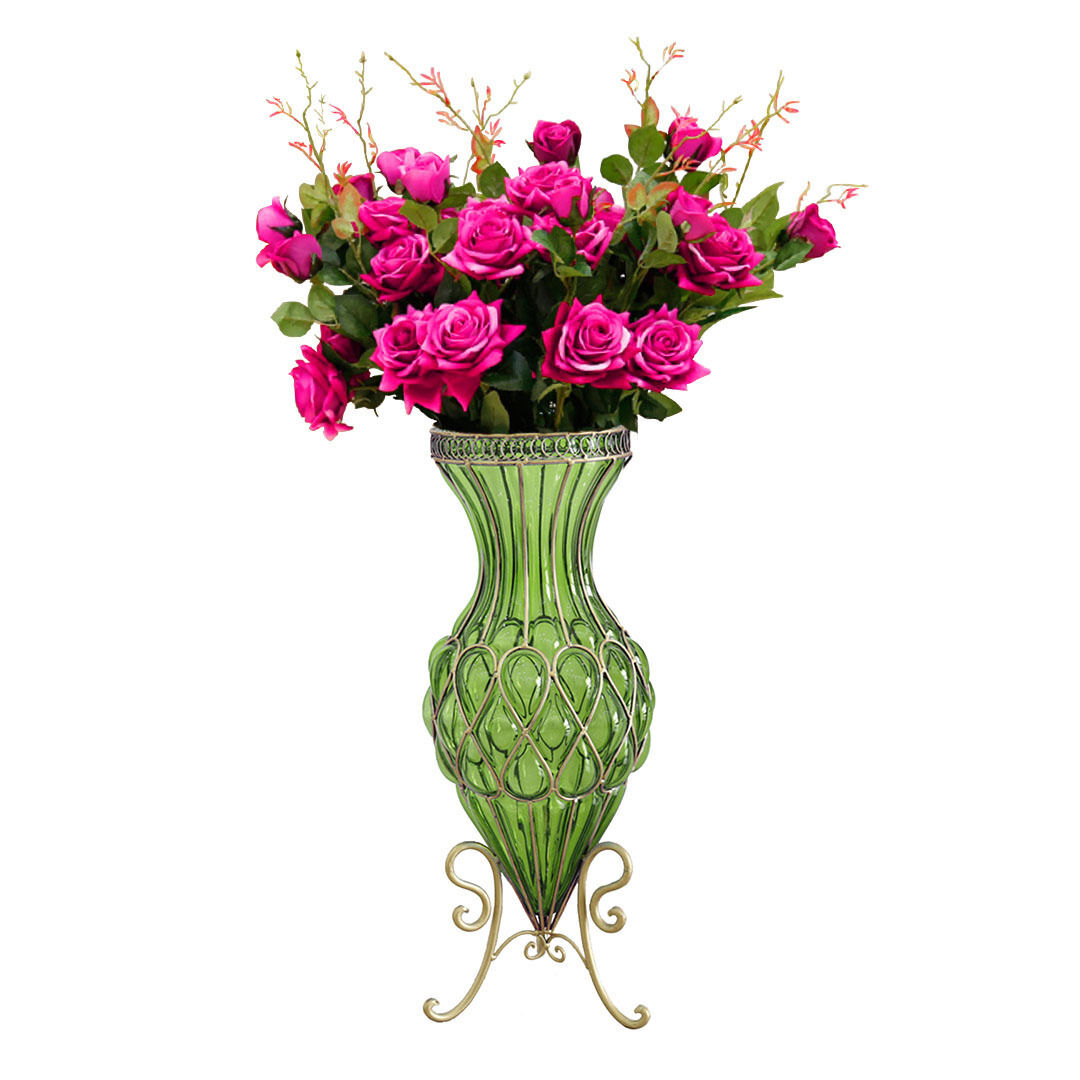 67cm Glass Tall Floor Vase and 12pcs Dark Pink Artificial Fake Flower Set Price