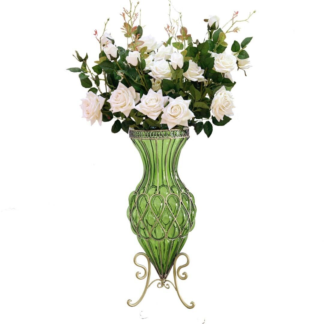 67cm Glass Tall Floor Vase and 12pcs White Artificial Fake Flower Set Price