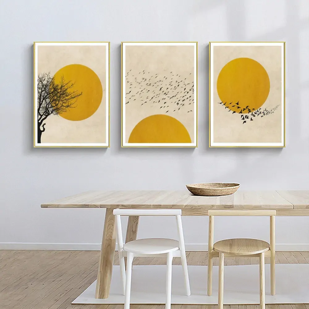 Flock Of Birds Sun Silhouette 3 Sets Gold Frame Canvas Wall Art Price